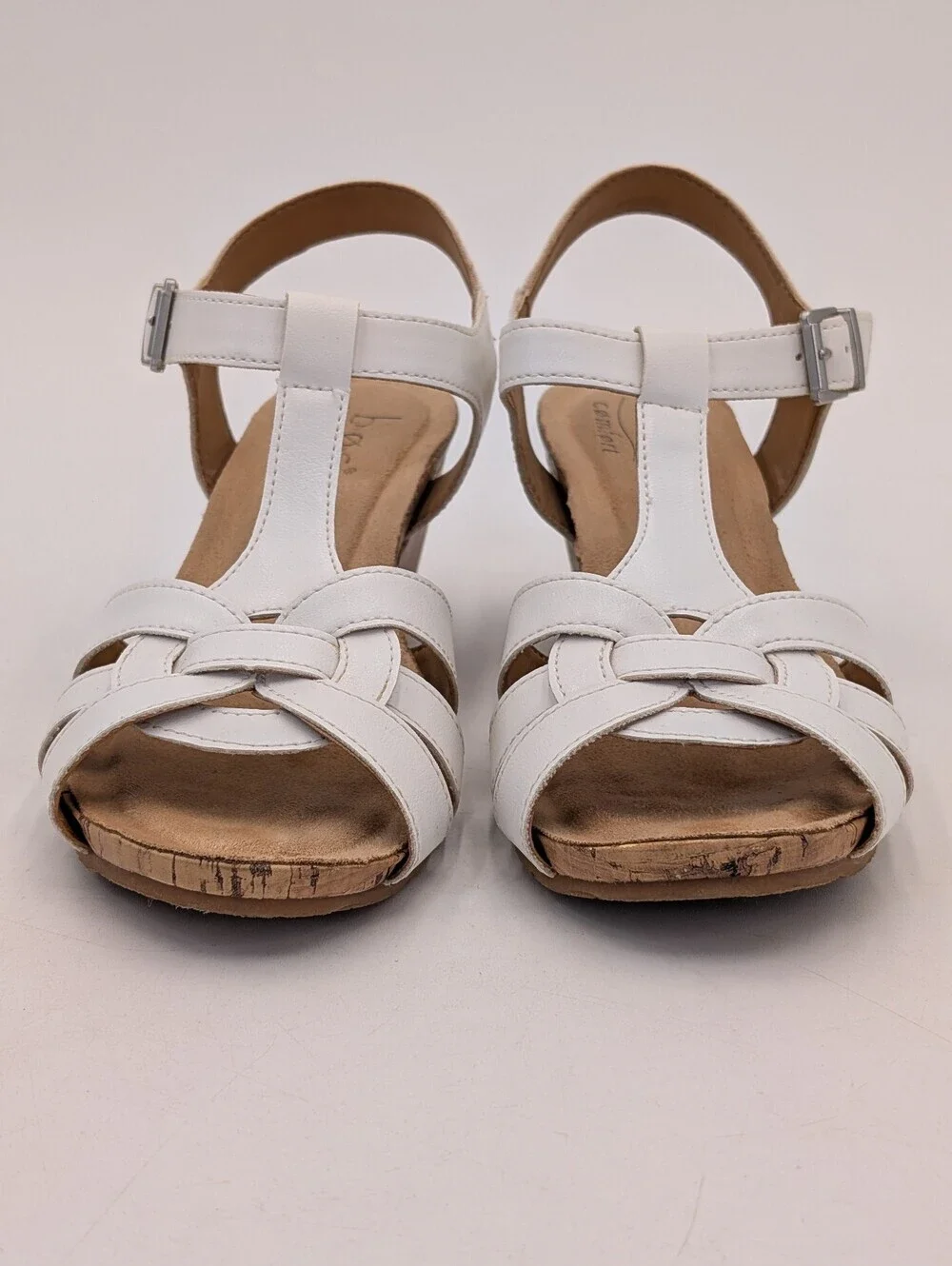 boc Jaquet Sz 8M T-Strap Cork Wedge Sandal Silver-Tone Buckle White Faux Leather